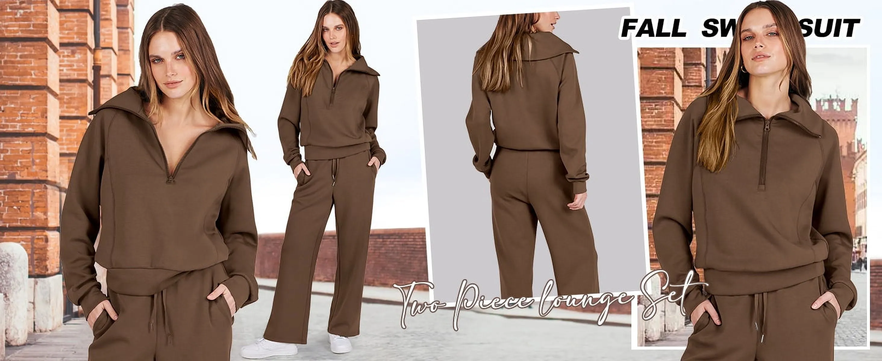 Women's 2-Piece Outfit Set - Oversized Half-Zip Sweatshirt & Drawstring Sweatpants with Pockets