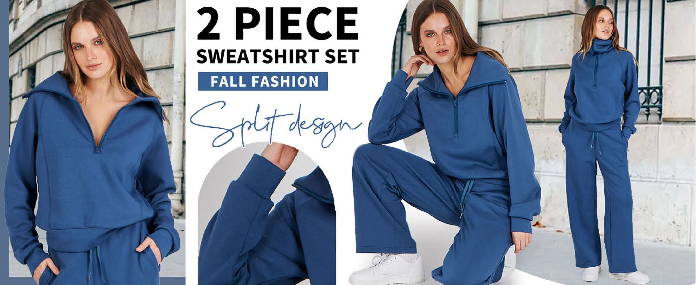 Women's 2-Piece Outfit Set - Oversized Half-Zip Sweatshirt & Drawstring Sweatpants with Pockets