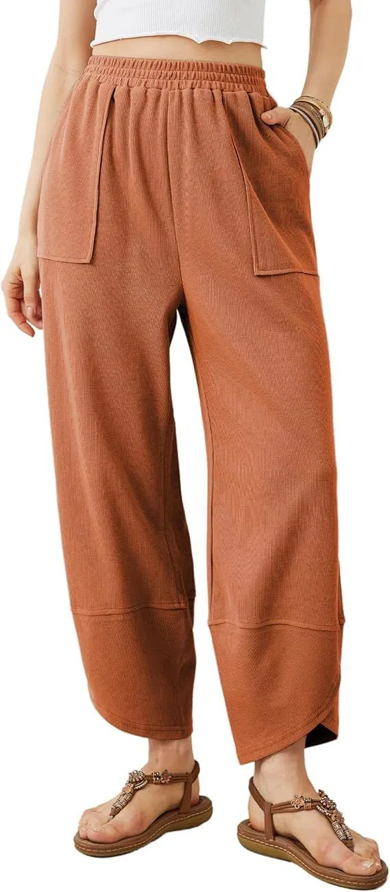 Womens Baggy Wide Leg Pants Casual Elastic Waisted Palazzo Harem Pants With Pockets