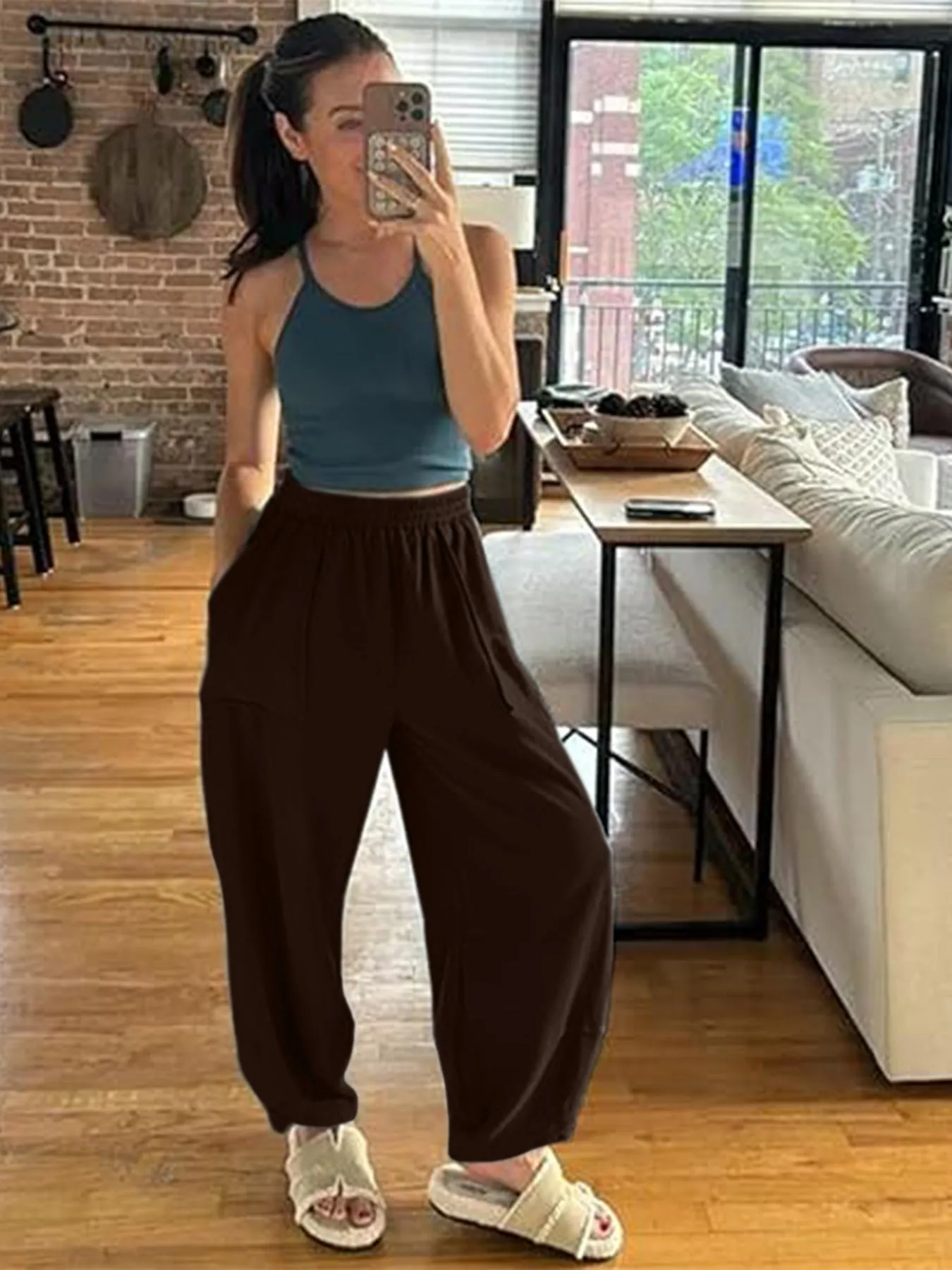 Womens Baggy Wide Leg Pants Casual Elastic Waisted Palazzo Harem Pants With Pockets