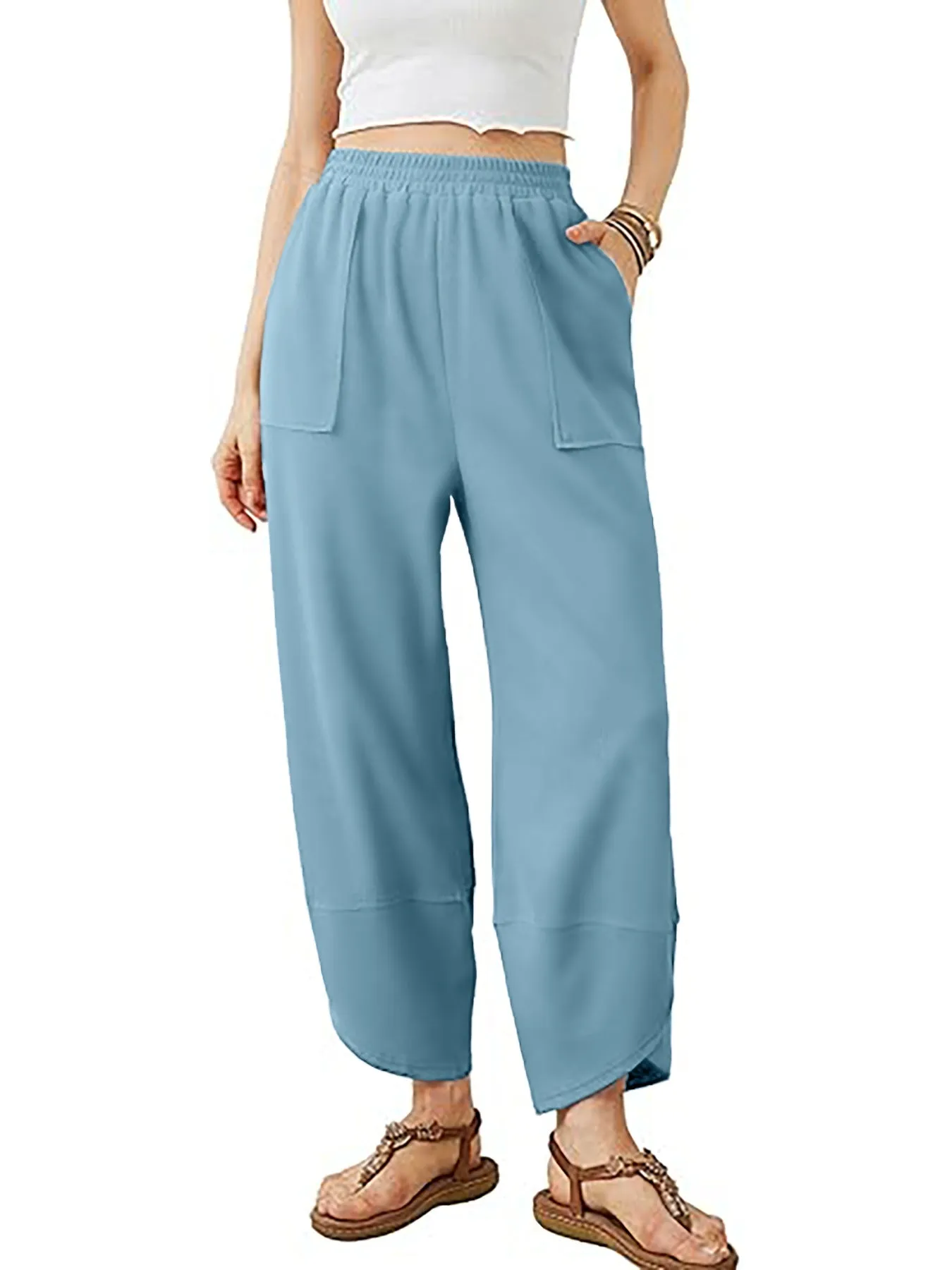 Womens Baggy Wide Leg Pants Casual Elastic Waisted Palazzo Harem Pants With Pockets