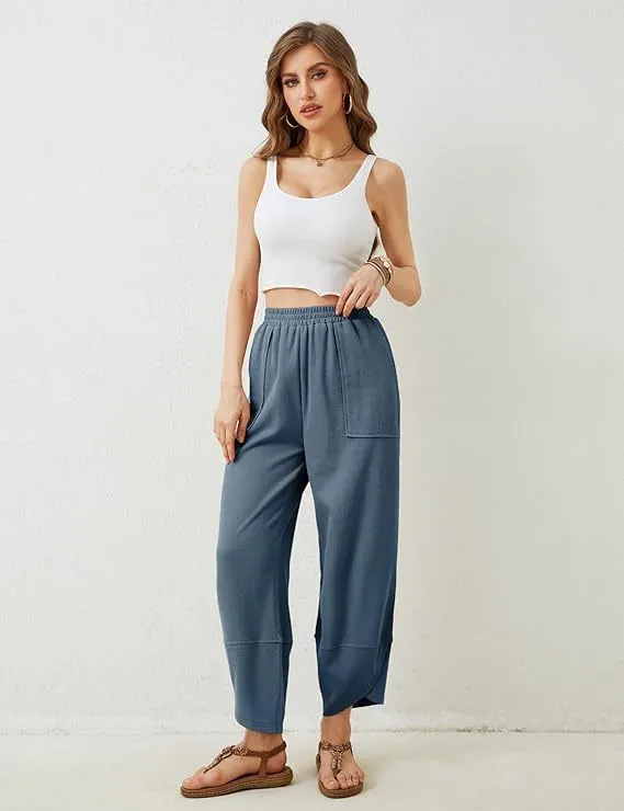 Womens Baggy Wide Leg Pants Casual Elastic Waisted Palazzo Harem Pants With Pockets