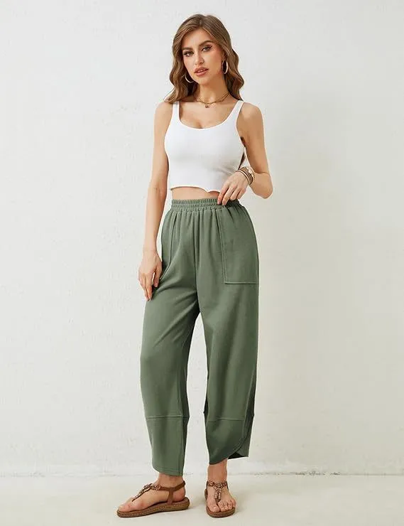 Womens Baggy Wide Leg Pants Casual Elastic Waisted Palazzo Harem Pants With Pockets