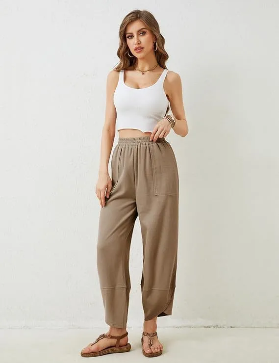 Womens Baggy Wide Leg Pants Casual Elastic Waisted Palazzo Harem Pants With Pockets
