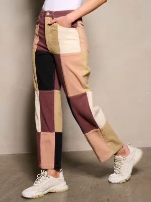 WOMEN'S BUTTON CLOSURE POCKETS COLORBLOCK DENIM PANTS