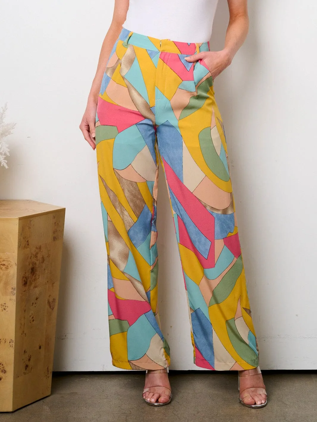 WOMEN'S BUTTON CLOSURE POCKETS MULTI PRINT WIDE LEG PANTS