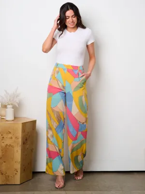 WOMEN'S BUTTON CLOSURE POCKETS MULTI PRINT WIDE LEG PANTS