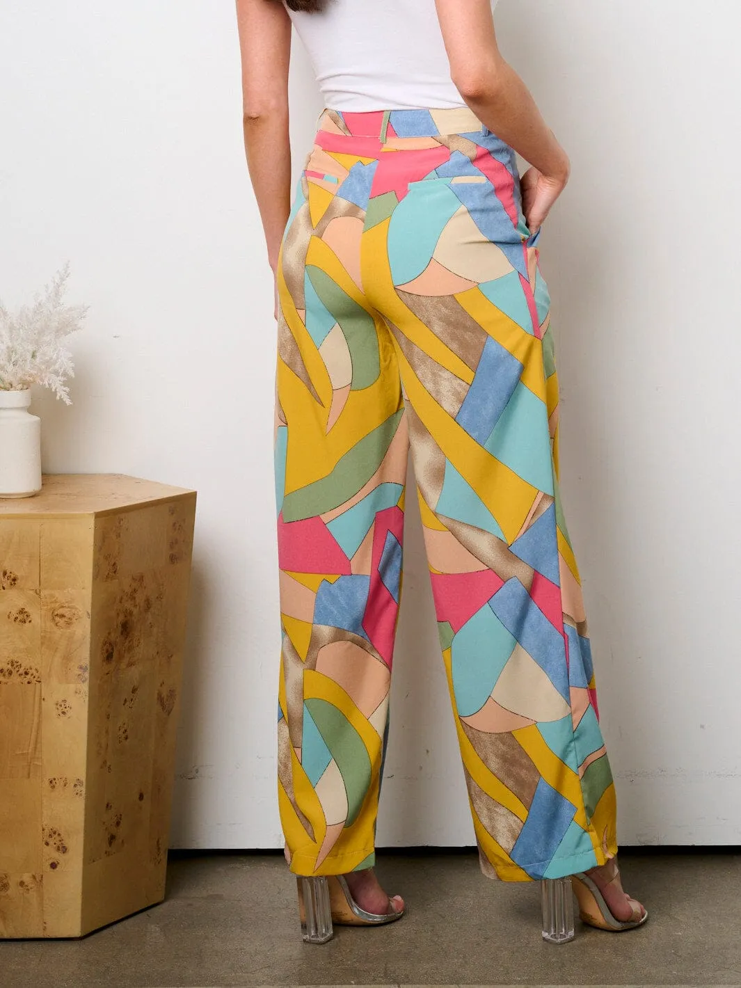 WOMEN'S BUTTON CLOSURE POCKETS MULTI PRINT WIDE LEG PANTS