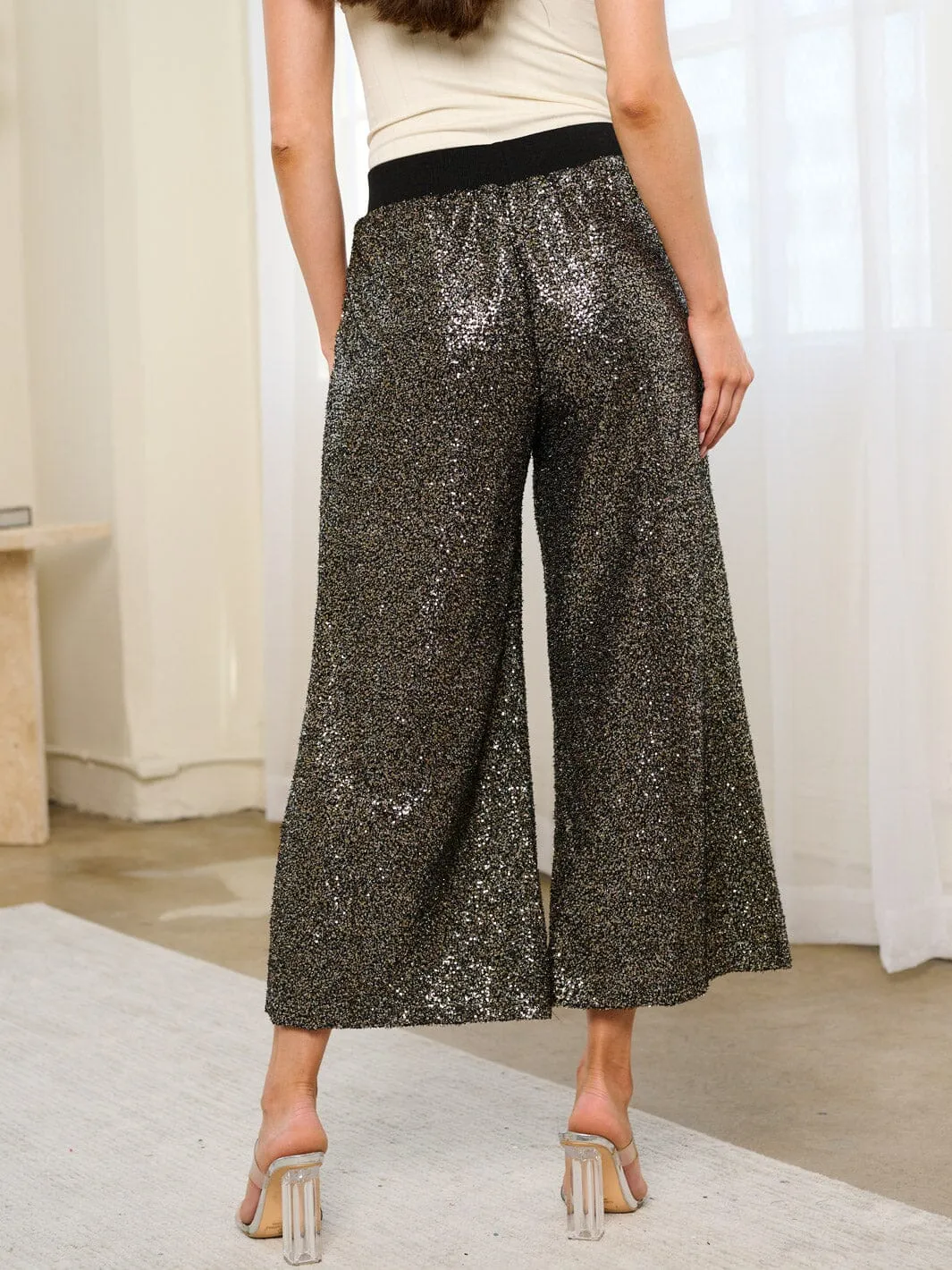 WOMEN'S ELASTIC WAIST POCKETS SEQUINS WIDE LEG PANTS