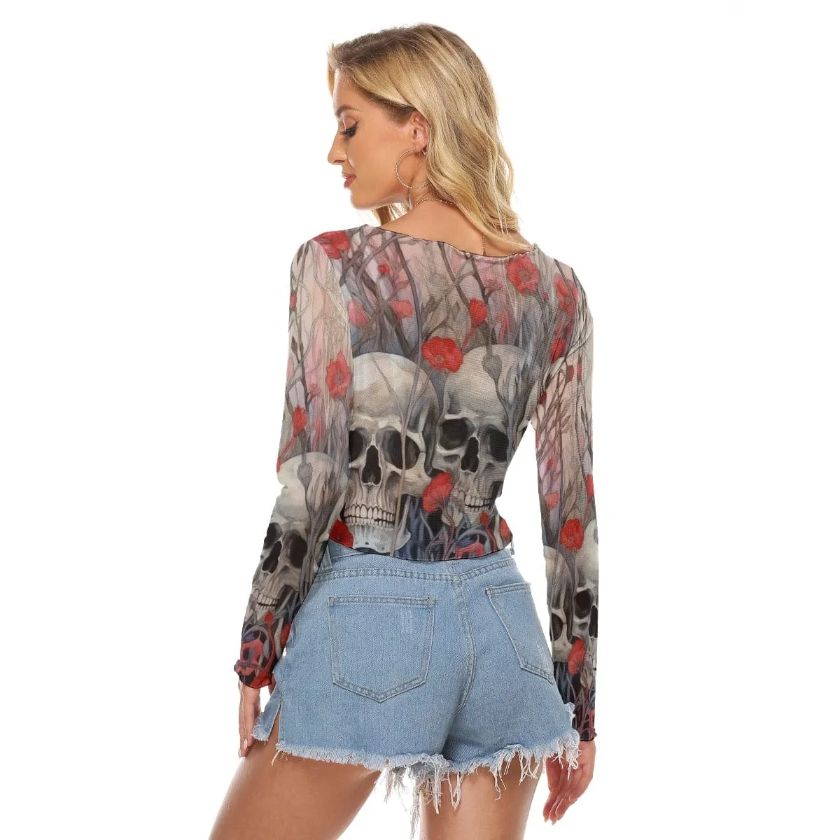 Women's Garden With Skulls And Flowers Mesh Long Sleeves Top