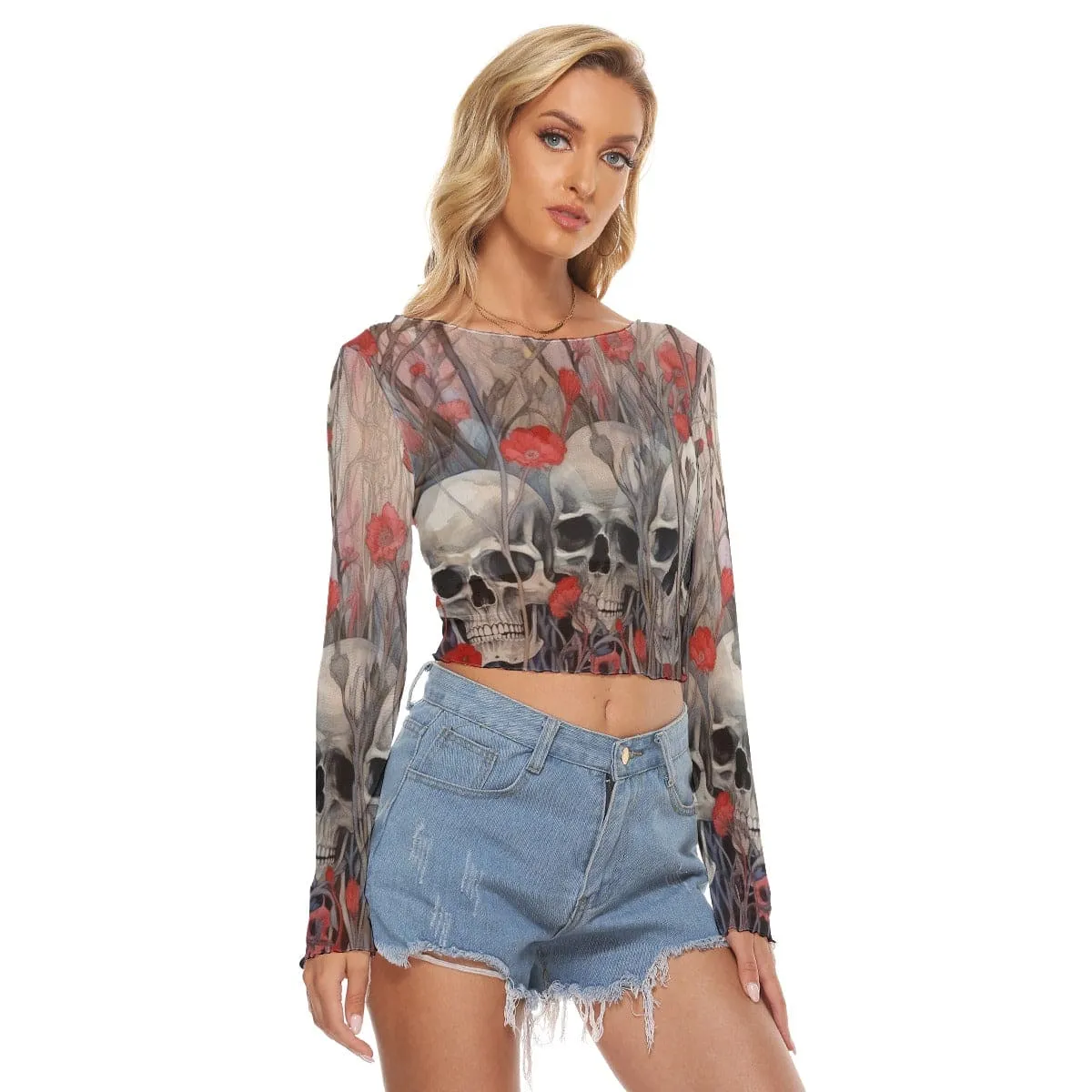 Women's Garden With Skulls And Flowers Mesh Long Sleeves Top