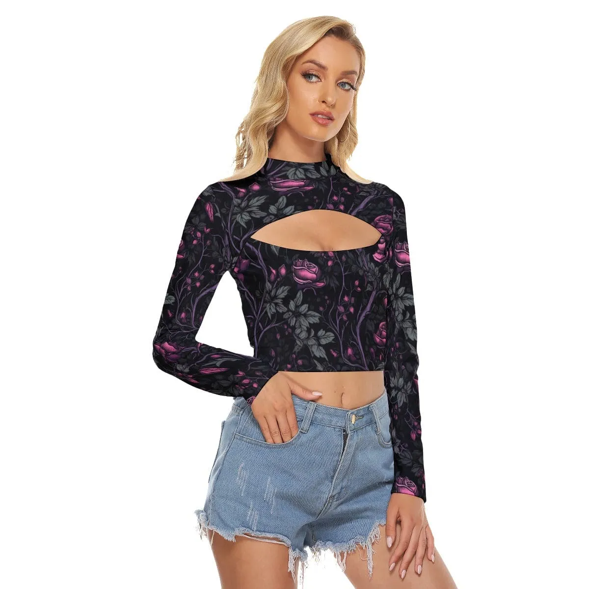 Women's Gothic Pink Roses On Vines Hollow Chest Keyhole Long Sleeve Top