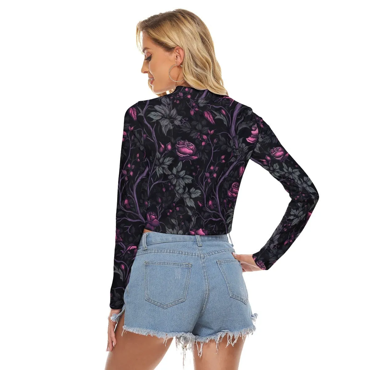 Women's Gothic Pink Roses On Vines Hollow Chest Keyhole Long Sleeve Top