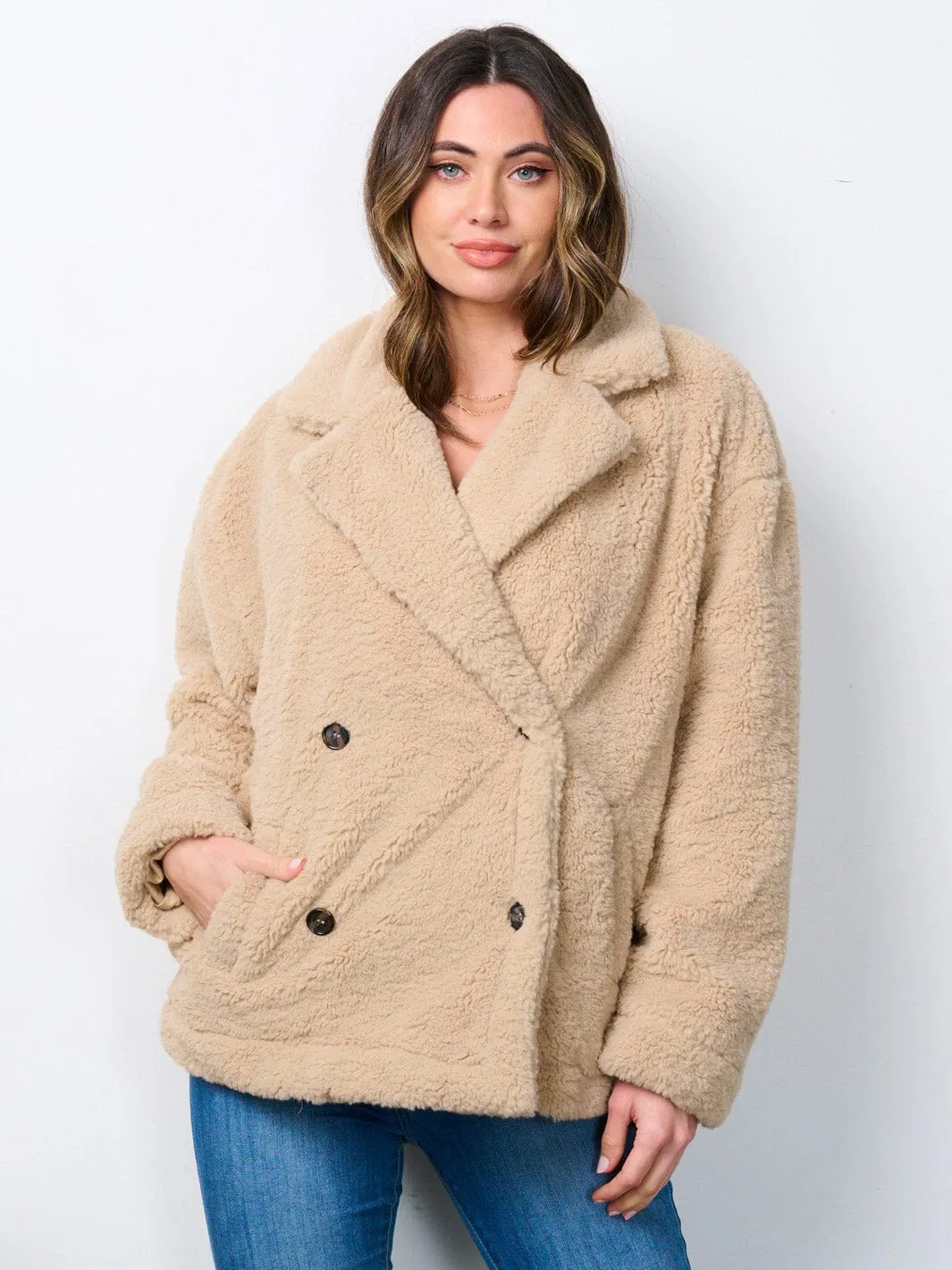 WOMEN'S LONG SLEEVE BUTTON CLOSURE POCKETS SHERPA JACKET