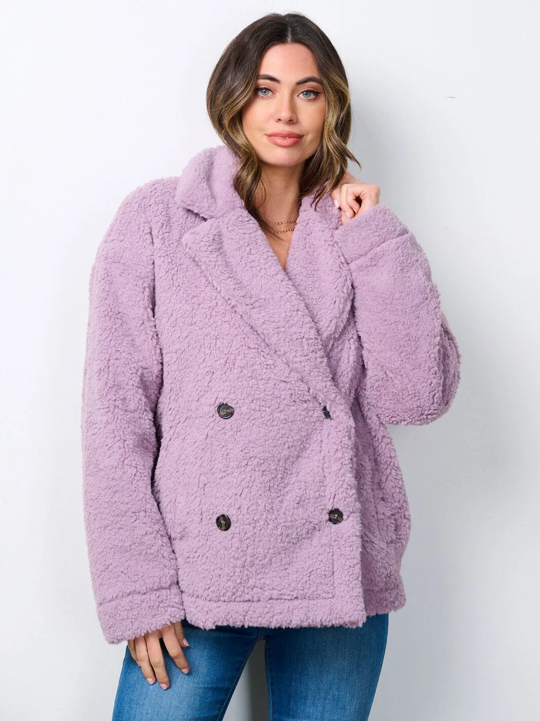 WOMEN'S LONG SLEEVE BUTTON CLOSURE POCKETS SHERPA JACKET