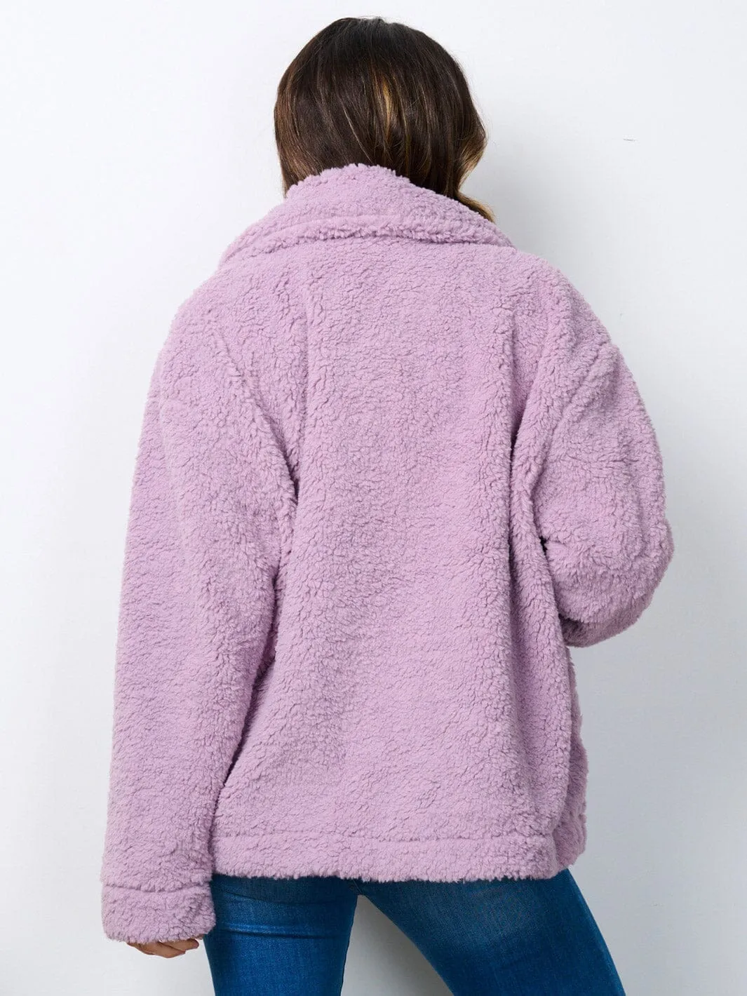 WOMEN'S LONG SLEEVE BUTTON CLOSURE POCKETS SHERPA JACKET