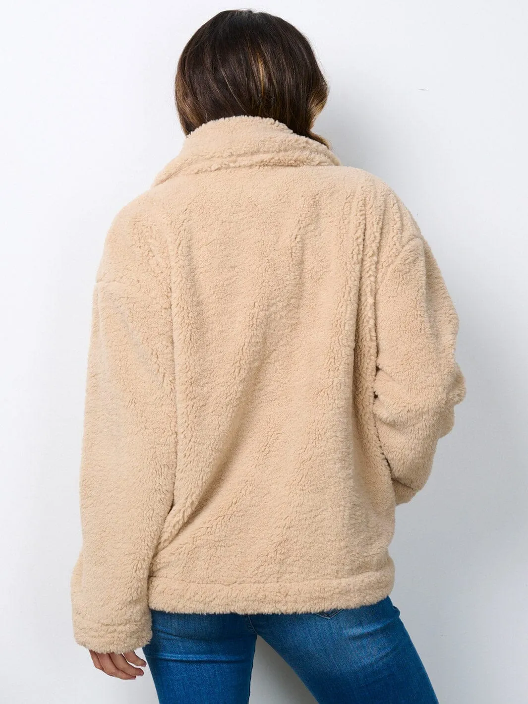 WOMEN'S LONG SLEEVE BUTTON CLOSURE POCKETS SHERPA JACKET