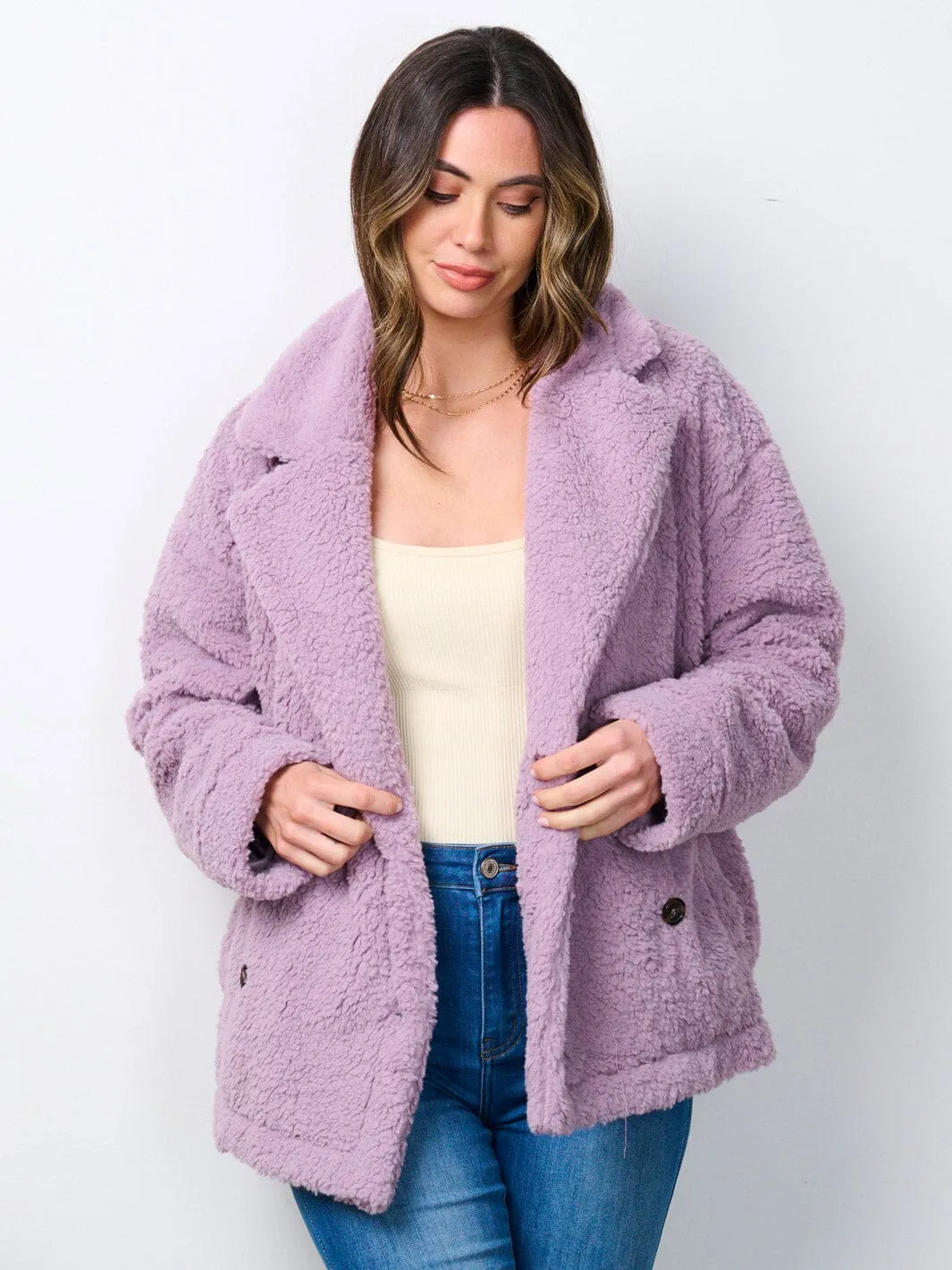 WOMEN'S LONG SLEEVE BUTTON CLOSURE POCKETS SHERPA JACKET