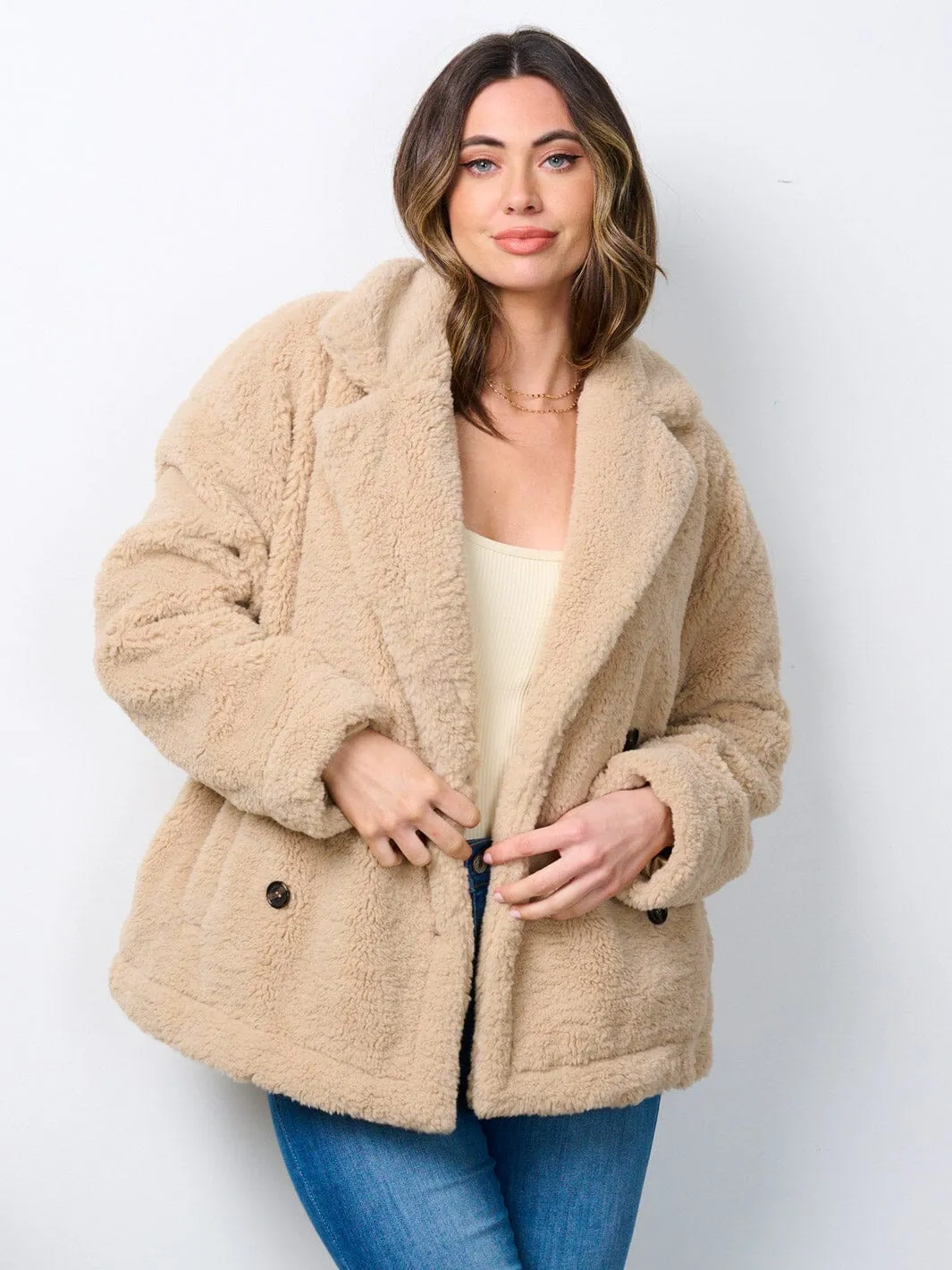 WOMEN'S LONG SLEEVE BUTTON CLOSURE POCKETS SHERPA JACKET