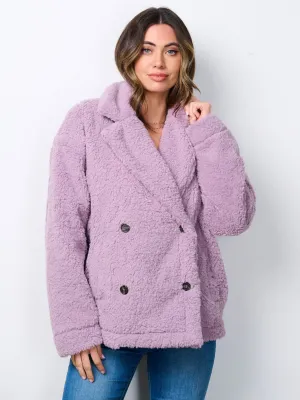 WOMEN'S LONG SLEEVE BUTTON CLOSURE POCKETS SHERPA JACKET