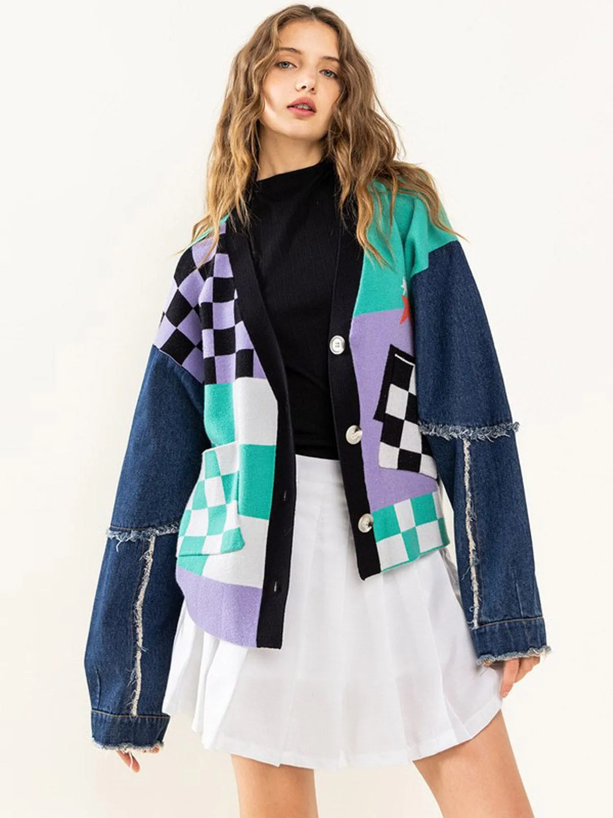 WOMEN'S LONG SLEEVE BUTTON UP MULTI PRINT FRONT POCKETS DENIM COLORBLOCK SWEATER