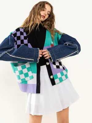 WOMEN'S LONG SLEEVE BUTTON UP MULTI PRINT FRONT POCKETS DENIM COLORBLOCK SWEATER
