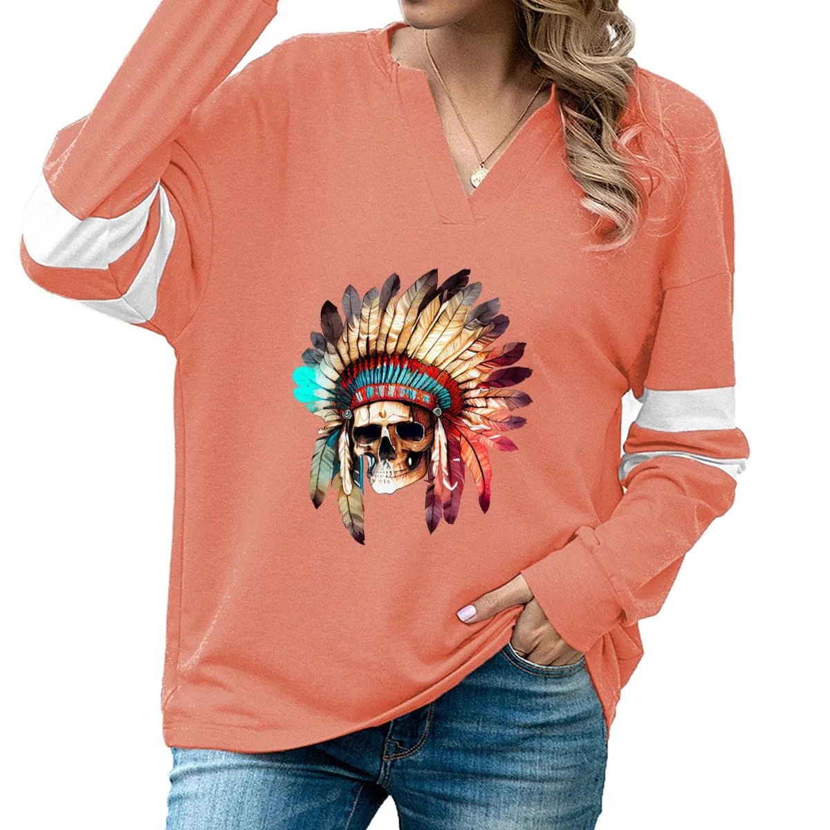 Womens Skull Feather Headband Long Sleeve Top
