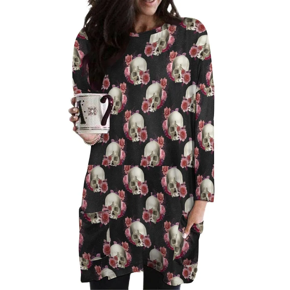 Women's Skulls & Roses Long Sleeve Front Pockets Long Top