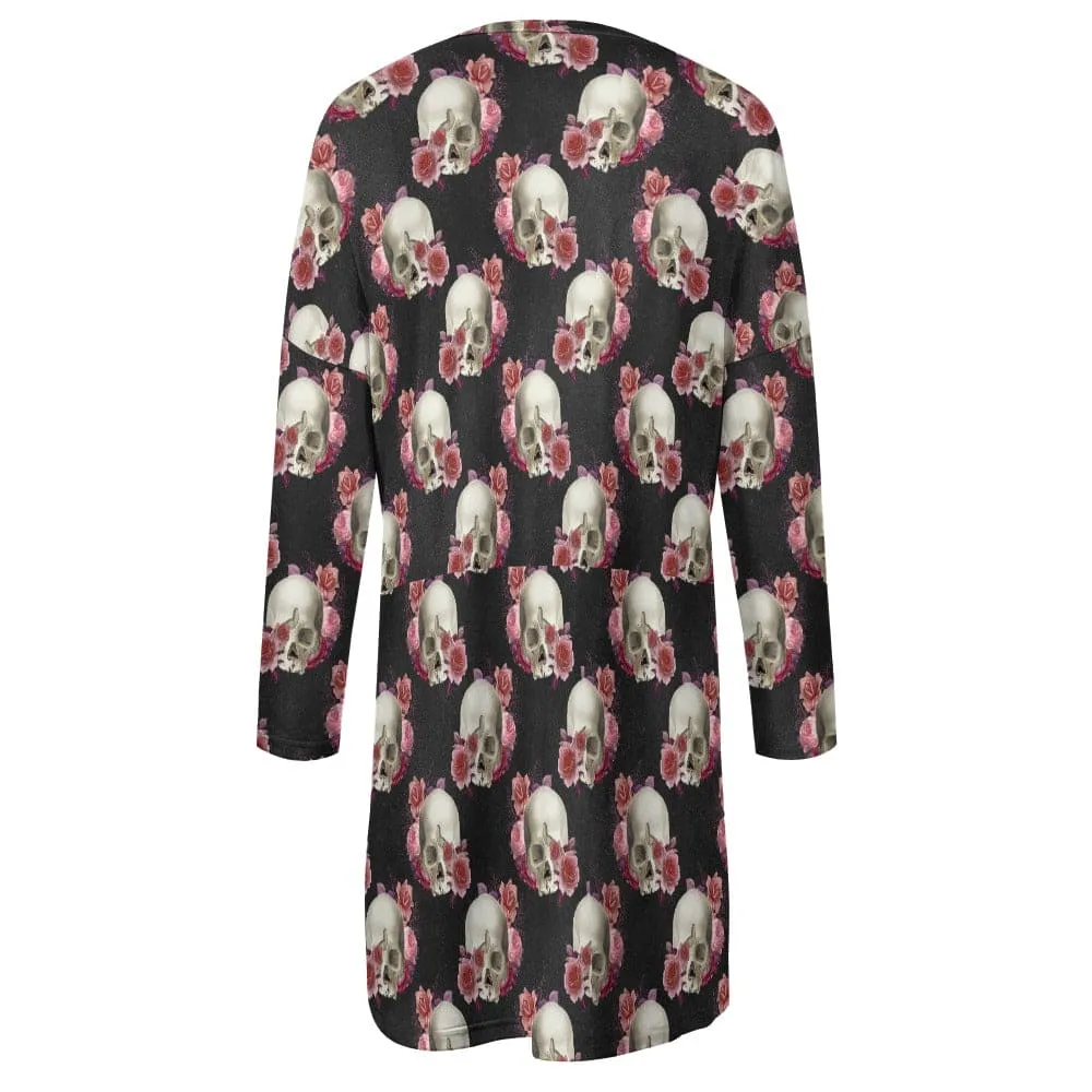 Women's Skulls & Roses Long Sleeve Front Pockets Long Top