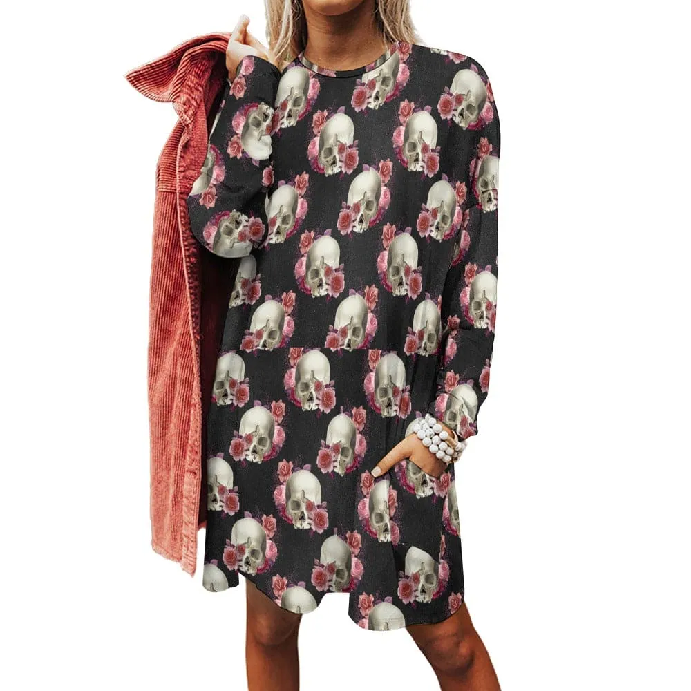 Women's Skulls & Roses Long Sleeve Front Pockets Long Top