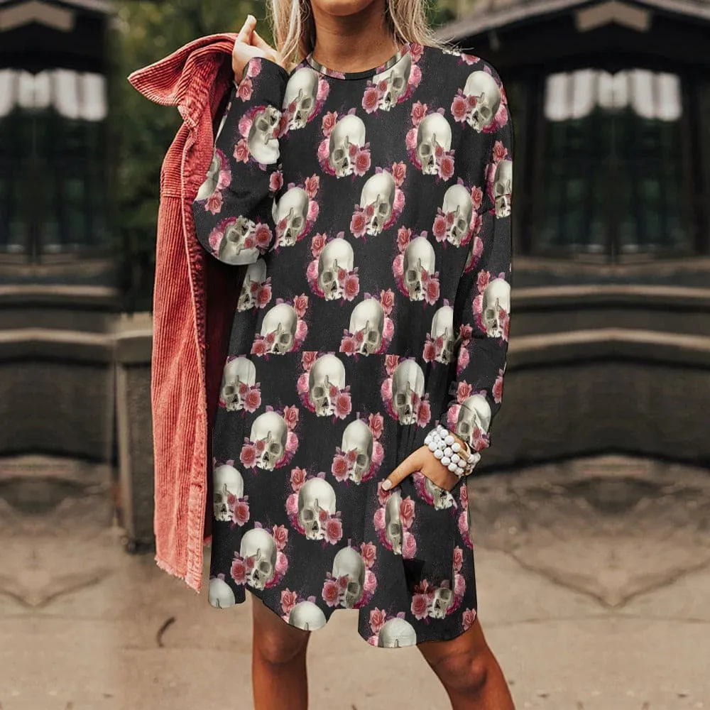 Women's Skulls & Roses Long Sleeve Front Pockets Long Top