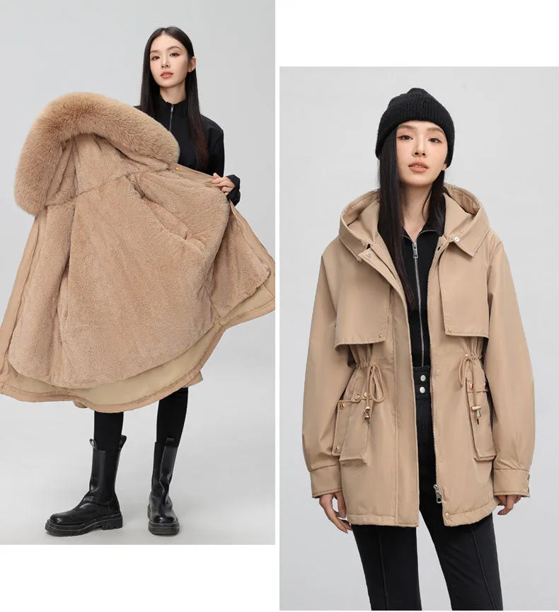 Women's Solid Full-Zip Parka with Fleece Lining and Adjustable Waist
