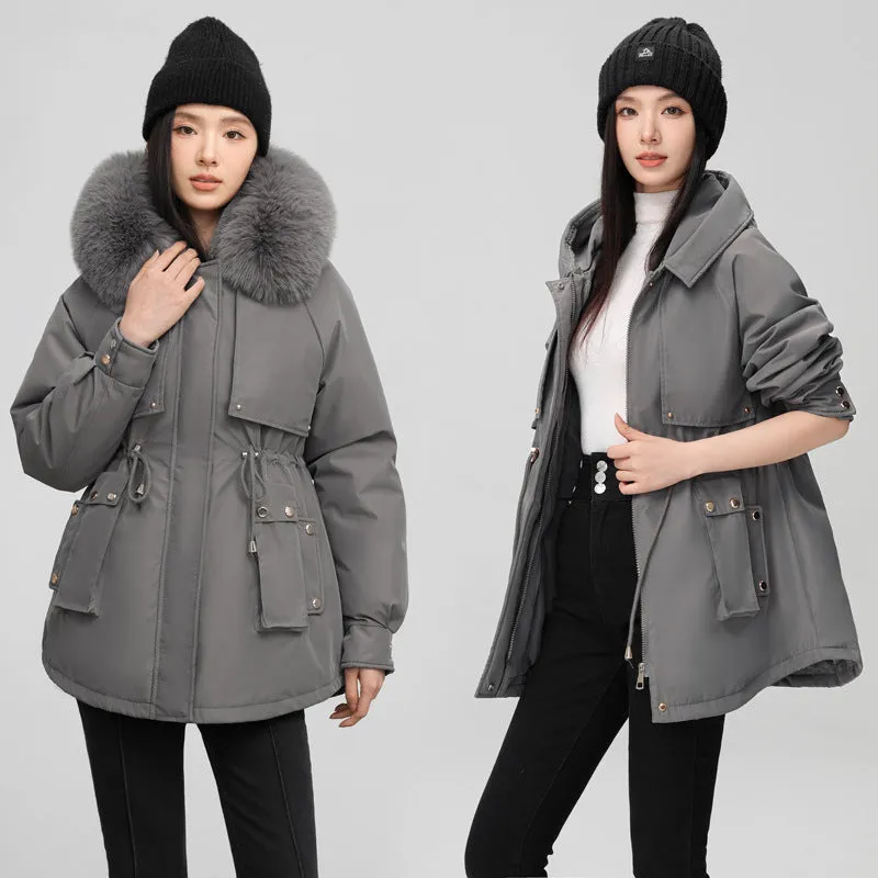 Women's Solid Full-Zip Parka with Fleece Lining and Adjustable Waist