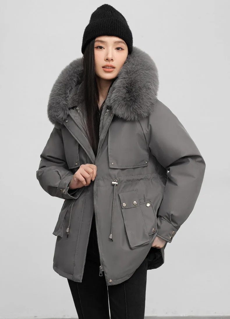 Women's Solid Full-Zip Parka with Fleece Lining and Adjustable Waist