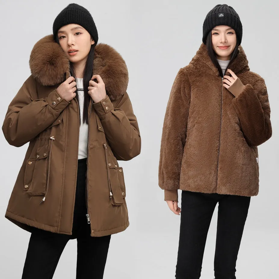 Women's Solid Full-Zip Parka with Fleece Lining and Adjustable Waist