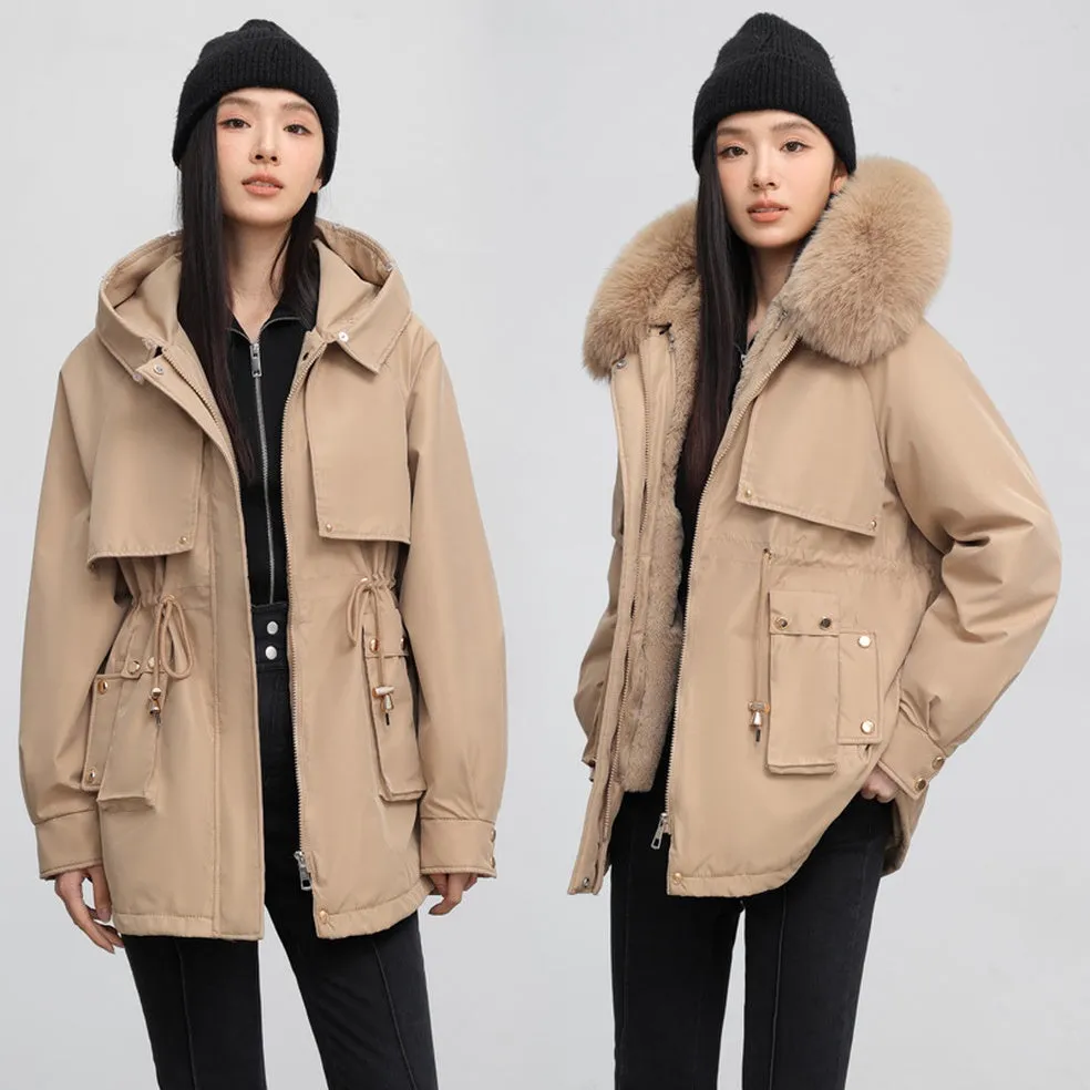 Women's Solid Full-Zip Parka with Fleece Lining and Adjustable Waist