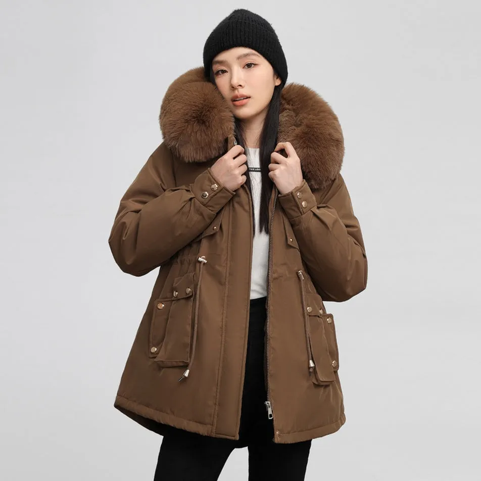 Women's Solid Full-Zip Parka with Fleece Lining and Adjustable Waist