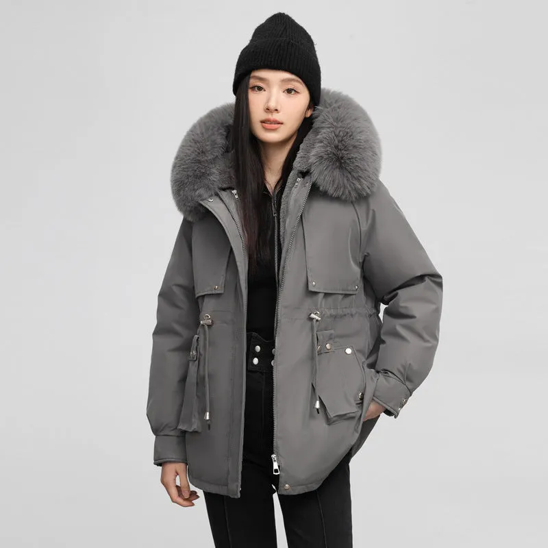 Women's Solid Full-Zip Parka with Fleece Lining and Adjustable Waist