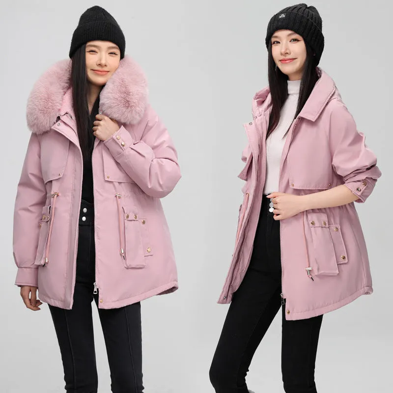 Women's Solid Full-Zip Parka with Fleece Lining and Adjustable Waist