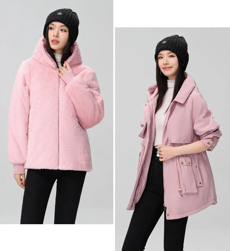 Women's Solid Full-Zip Parka with Fleece Lining and Adjustable Waist