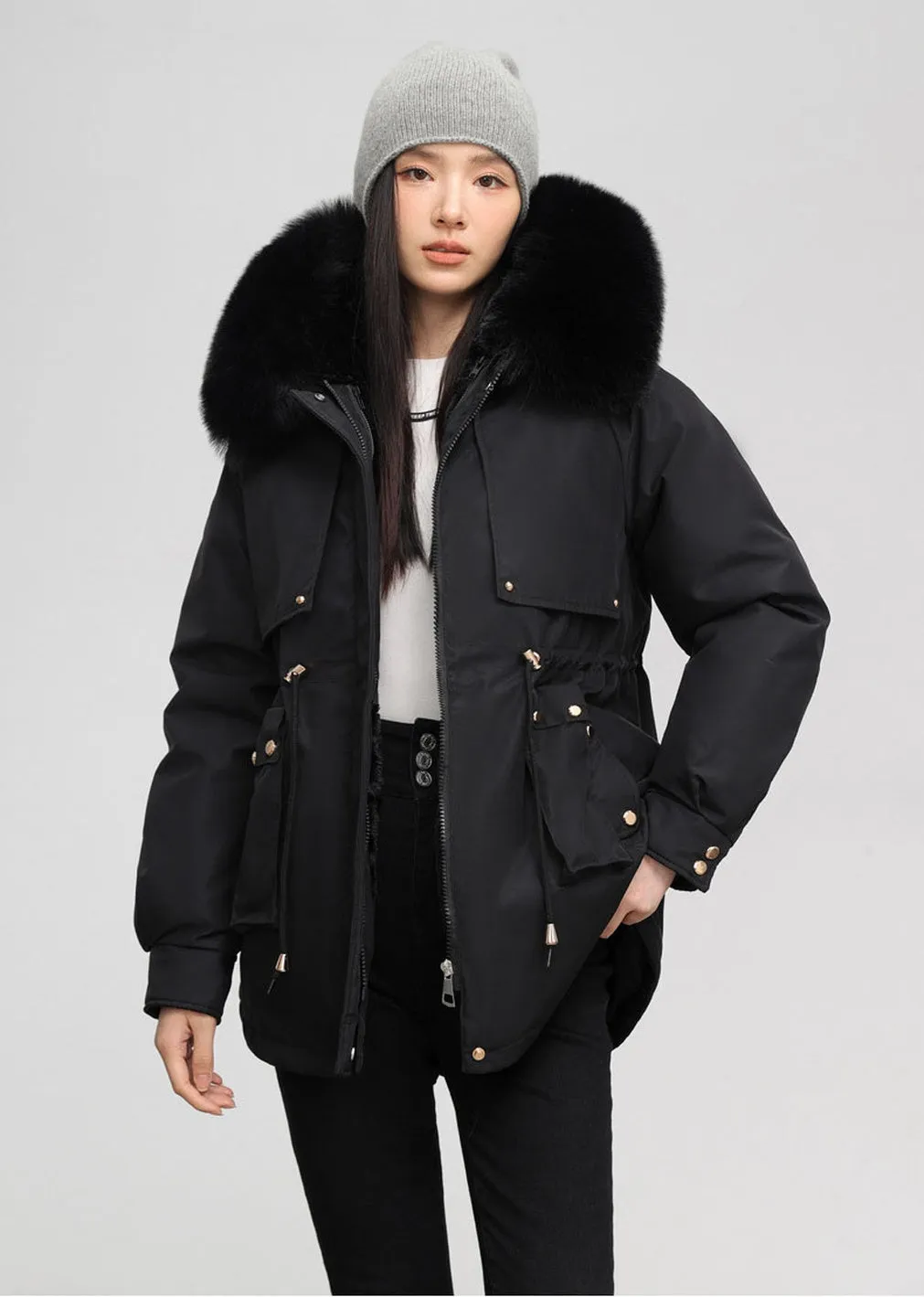 Women's Solid Full-Zip Parka with Fleece Lining and Adjustable Waist