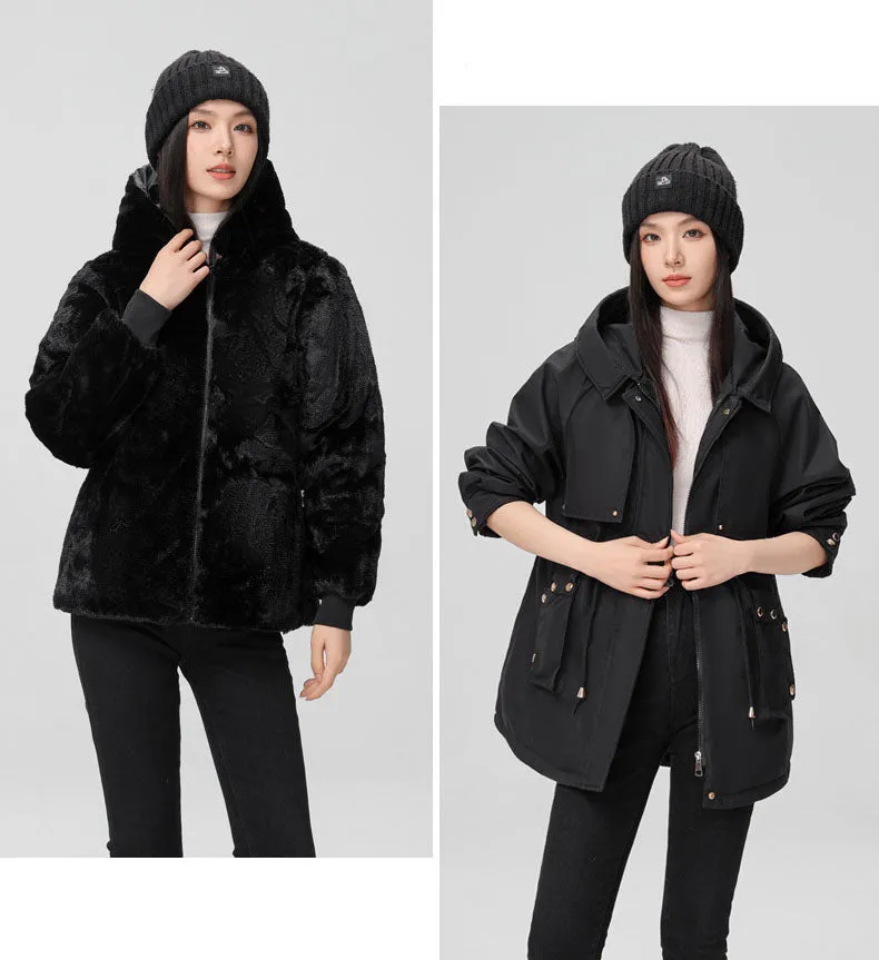 Women's Solid Full-Zip Parka with Fleece Lining and Adjustable Waist