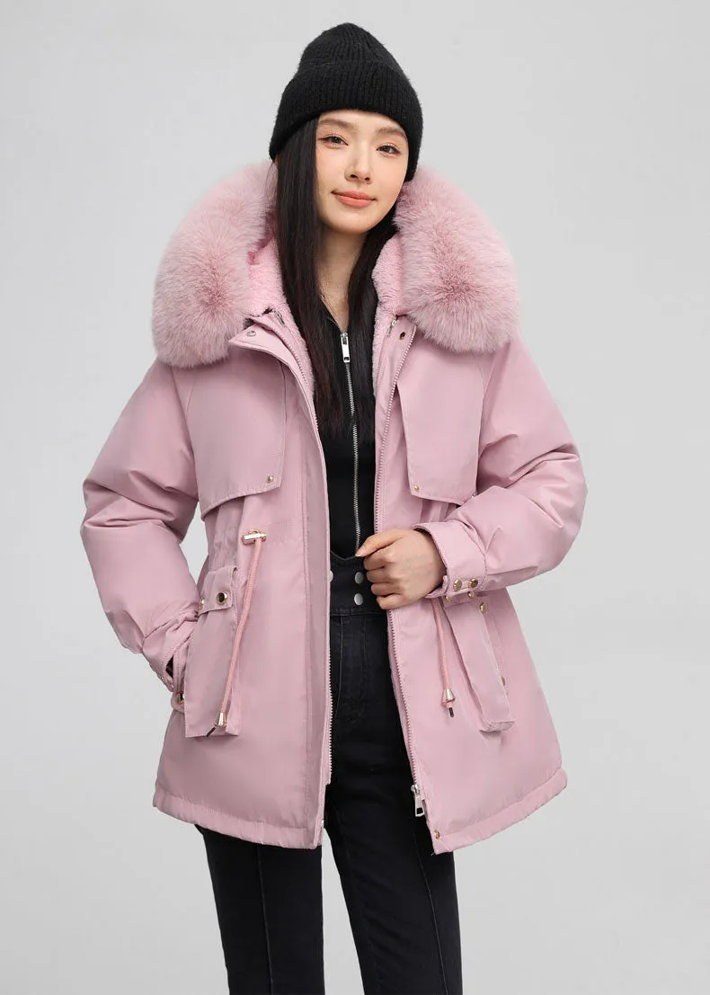 Women's Solid Full-Zip Parka with Fleece Lining and Adjustable Waist