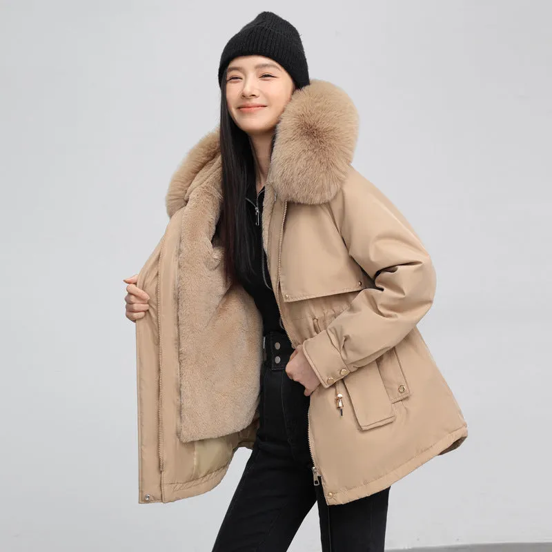 Women's Solid Full-Zip Parka with Fleece Lining and Adjustable Waist