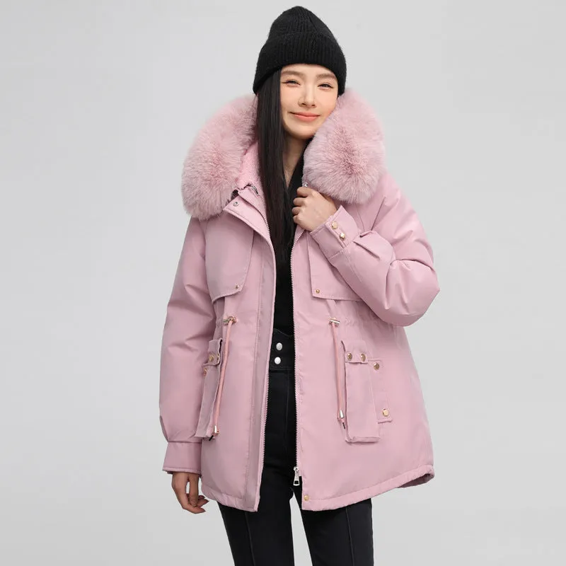 Women's Solid Full-Zip Parka with Fleece Lining and Adjustable Waist