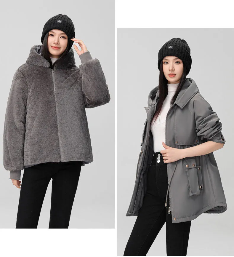 Women's Solid Full-Zip Parka with Fleece Lining and Adjustable Waist