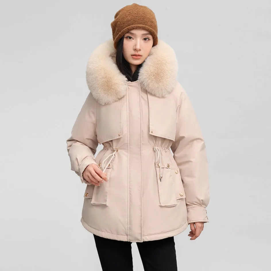 Women's Solid Full-Zip Parka with Fleece Lining and Adjustable Waist