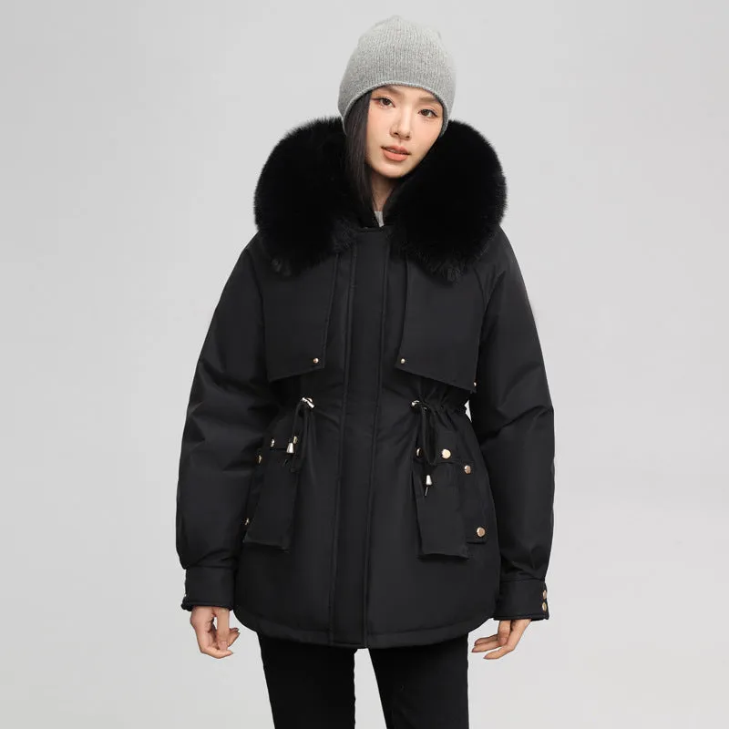 Women's Solid Full-Zip Parka with Fleece Lining and Adjustable Waist