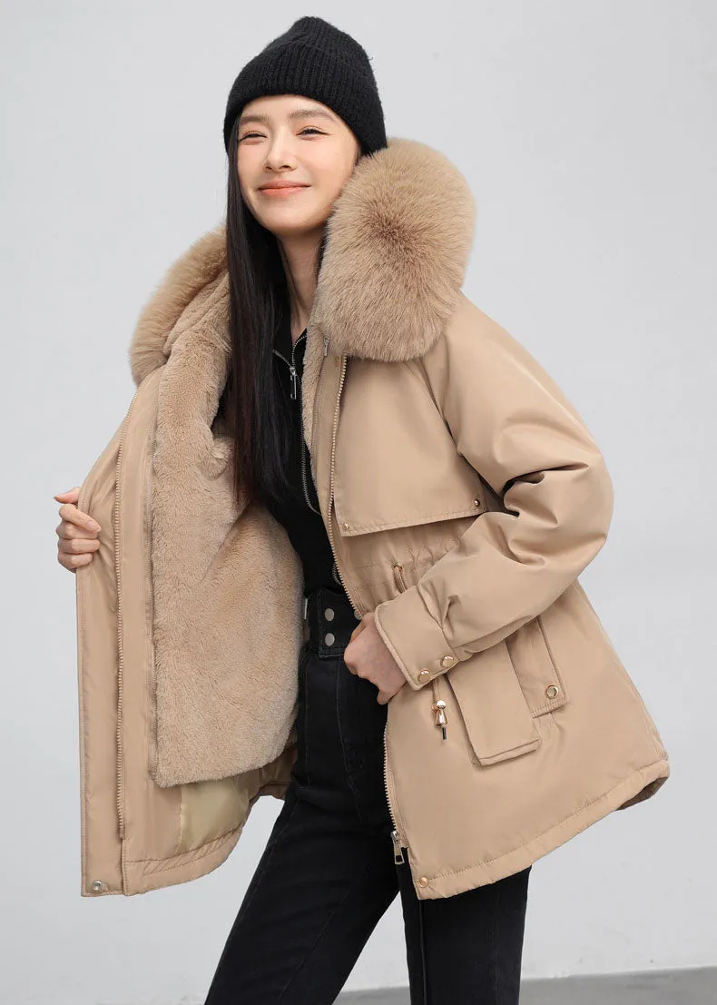 Women's Solid Full-Zip Parka with Fleece Lining and Adjustable Waist