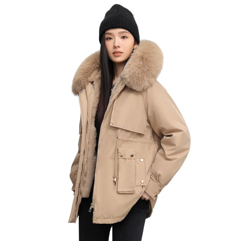 Women's Solid Full-Zip Parka with Fleece Lining and Adjustable Waist